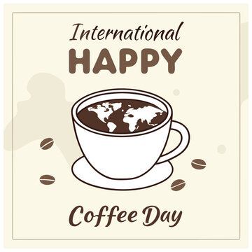 International Coffee Day illustration with a cup of coffee and coffee beans.