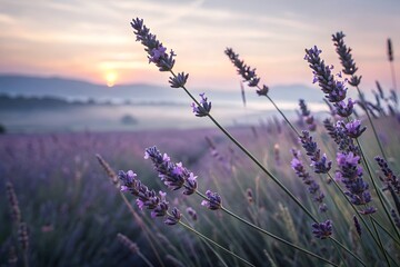 Lavender field at sunrise with soft morning mist and rolling hills