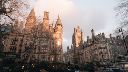 Fototapeta premium Historic castle architecture in manchester england evening light urban landscape captivating viewpoint