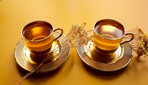 golden elixir duo two elegant teacups brimming with golden liquid rest gracefully on saucers against a sunny yellow expanse complemented by sprigs of dried botanical accents