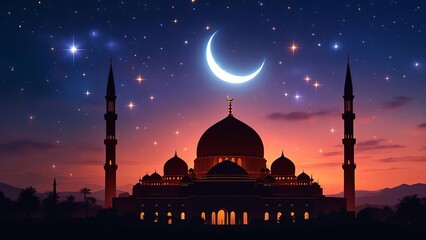 Beautiful mosque silhouette with crescent moon and stars at night sky