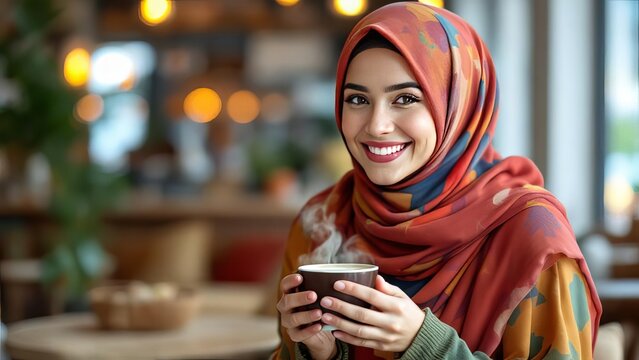 Portrait of a smiling muslim woman in hijab holding a cup of coffee