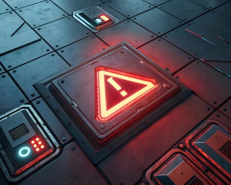 Sci fi warning sign with glowing red exclamation mark on metal floor - Powered by Adobe