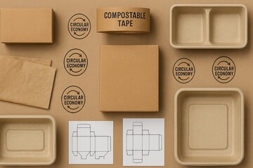 Sustainable packaging prototype top view with kraft boxes, molded fiber trays, compostable tapes, kraft tissue and circular-economy mockups