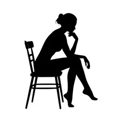 Pensive woman silhouette sitting on chair, contemplating, thinking on transparent background