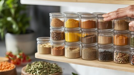 Organized spice jars stacked neatly on a wooden shelf.