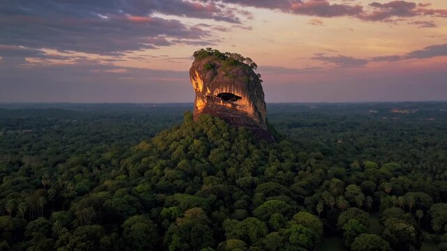 breathtaking vista of the ancient monolithic rock fortress illuminated by the warm golden glow of the evening sun, showcasing magnificent geological formation during the twilight hours