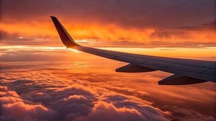 Obraz premium Airplane wing slices through sunset clouds above a scenic vista. Perfect for travel, aviation, and adventurethemed projects.
