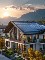 Obraz premium residential building with solar panels on roof in natural setting showcasing renewable energy adoption and ecofriendly architecture for sustainable living and environmental conservation