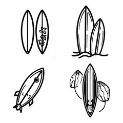 Illustration of surfboards in various styles and orientations with black and white line drawing art style