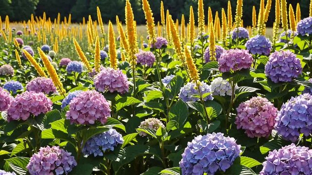 Flowering hydrangea and solidago species hydrangea and golden rod germany eifel region