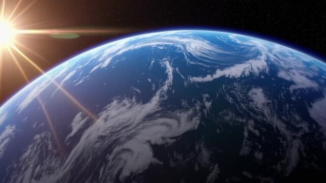 Intensely bright star with optical flare effects above the Earth's atmospheric layer, against starry space backdrop, computer-generated ry