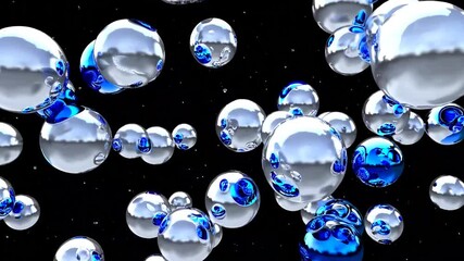 3D rendered animation featuring numerous white and blue spherical bubbles moving in random motion with reflective surfaces - Powered by Adobe