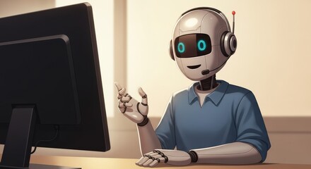 Futuristic AI Robot with Headset Providing Customer Support Online.