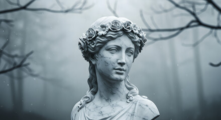Marble muse in a misty forest: A serene sculpture with floral wreath evokes classic beauty and ephemeral enchantment