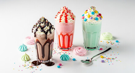 Three colorful milkshakes with whipped cream and toppings on a white background