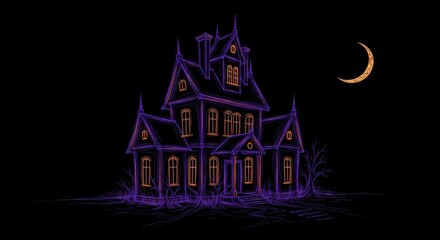 A Spooky, Illuminated Victorian-style Haunted House Stands Against a Dark Night Sky with a Crescent Moon