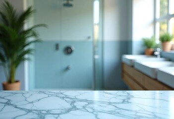 Empty marble table top on blurred minimalistic luxury bathroom at apartment, white day light, clean cozy colors. Place for product display, showing products, side view