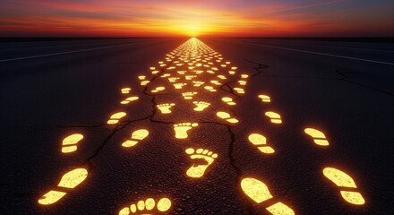 A collective journey represented by glowing footprints on a path towards the future