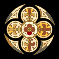 Gothic stained glass window with floral and geometric patterns. Colorful stained glass window with floral patterns and abstract shapes flat vector illustration. 