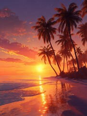 Obraz premium tropical paradise with palm trees silhouetted against a vibrant sunset on a sandy beach vacation dreams