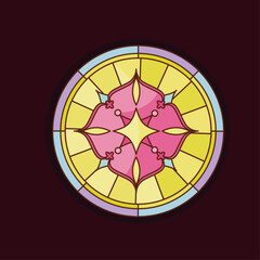 Gothic stained glass window with floral and geometric patterns. Vibrant stained glass window design in detailed flat style vector art.Circular stained glass window design. 