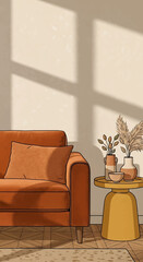 Cozy living room scene with orange sofa, decorative vases, and warm sunlight creating shadows.
