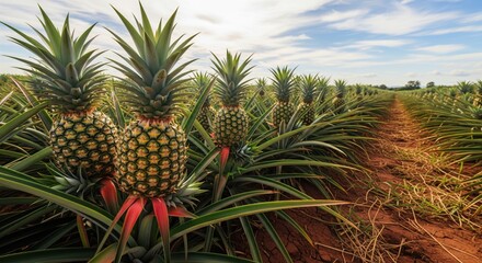 Row of fresh pineapples growing on a tropical fruit farm