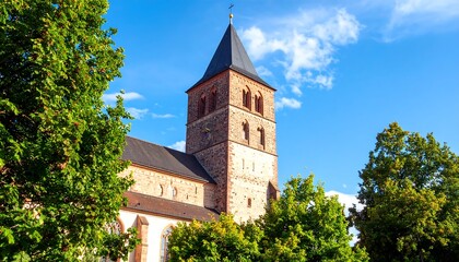 A majestic church tower rises above lush green trees against a vibrant blue sky, showcasing historical architecture and natural beauty.