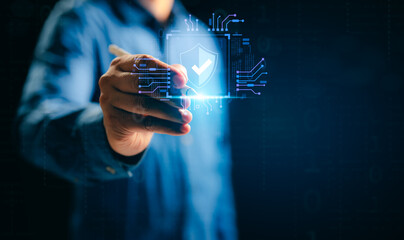 Businessman hand touching cybersecurity internet network data privacy concepts. secure access to user personal information, cybersecurity, secure Internet access, information security and encryption.