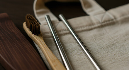 Eco-friendly daily essentials for a plastic-free lifestyle. Close-up of a bamboo toothbrush, reusable metal straws, and a canvas tote bag