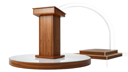 Wooden podium on a round platform with a curved white structure against a black background