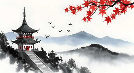 Obraz premium Watercolor landscape with layered mountains, Japanese pagoda, maple leaves, and birds conveys serenity, embodying