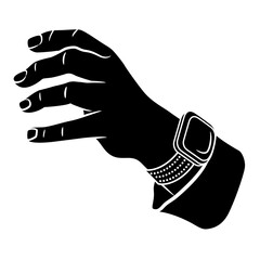 Empty male hand reaching forward in grasping gesture with wrist watch and cuff. Cartoon style. Black and white silhouette.
