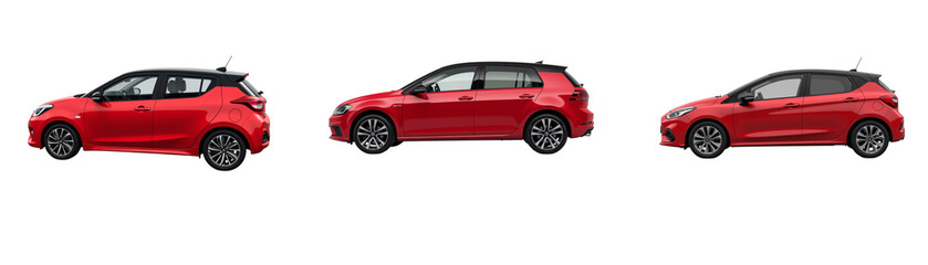 Obraz premium Compact car red vehicle modern design side view hatchback automotive sleek lines stylish urban driving transportation efficient sporty
