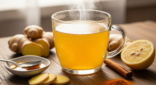 A cozy arrangement of a clear glass cup of herbal tea (turmeric ginger tea) with visible ingredients like lemon, ginger slices, honey, and turmeric, presenting it as an Ayurvedic home remedy for welln