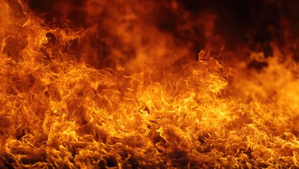 Fiery flames blaze across a dark background