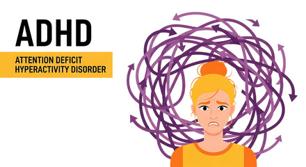 Adhd focus tools in remote work woman with adhd and chaotic thoughts represented by arrows isolated on transparent background