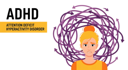 Adhd focus tools in remote work woman with adhd and chaotic thoughts represented by arrows isolated on transparent background