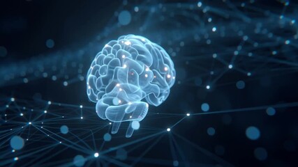 Glowing 3D brain model with interconnected nodes and light particles neural network technology - Powered by Adobe