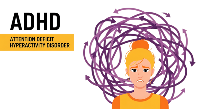 Adhd focus tools in remote work woman with adhd and chaotic thoughts represented by arrows isolated on transparent background - Powered by Adobe