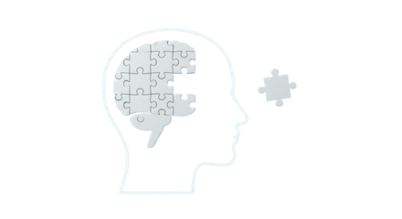 Adhd focus tools in remote work human head silhouette with brain made of puzzle pieces isolated on transparent background