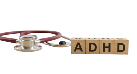 Adhd focus tools in remote work adhd acronym on wooden blocks with stethoscope isolated on transparent background
