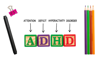 Adhd focus tools in remote work adhd acronym with full name and school supplies isolated on transparent background