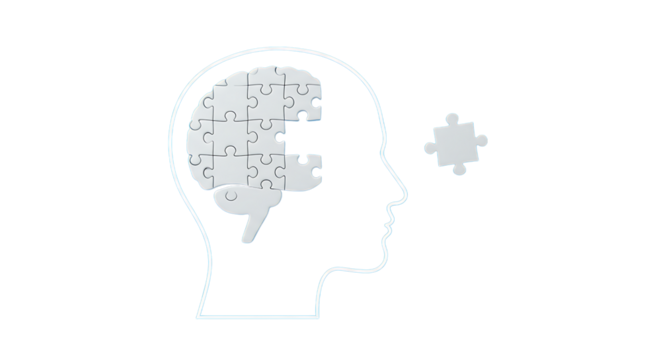 Adhd focus tools in remote work human head silhouette with brain made of puzzle pieces isolated on transparent background