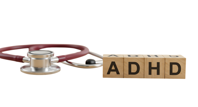 Adhd focus tools in remote work adhd acronym on wooden blocks with stethoscope isolated on transparent background