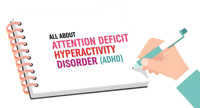 Adhd focus tools in remote work all about attention deficit hyperactivity disorder adhd written in notebook isolated on transparent background