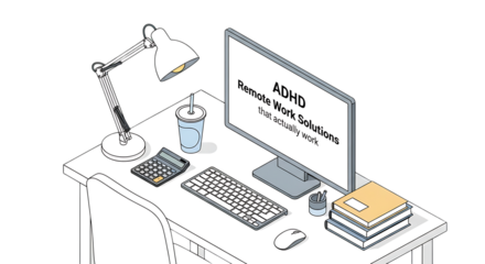 Adhd focus tools in remote work adhd remote work solutions on a desk with computer, isolated on transparent background