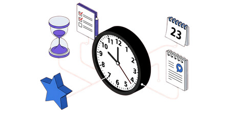 Adhd focus tools in remote work time management concept with clock, hourglass, calendar and checklist isolated on transparent background