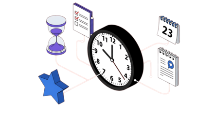Adhd focus tools in remote work time management concept with clock, hourglass, calendar and checklist isolated on transparent background